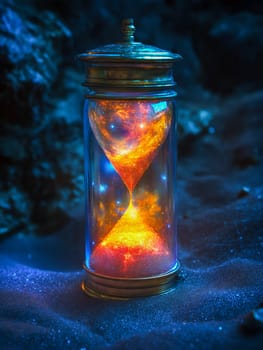 Cosmic hourglass; glowing sand depicts the passage of time, a galaxy trapped within. Time's relentless flow.