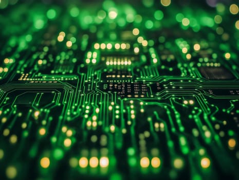 Close-up of a circuit board, illuminated with green light. The intricate pathways and components are visible, highlighting the complexity of the technology. The blurred lights suggest a dynamic system in operation.