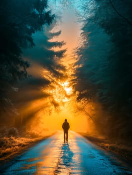 A lone figure walks a wet road, sunlight piercing a misty forest. The path ahead, bathed in golden light, suggests hope and a new beginning.