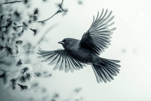 A bird, wings outstretched, soars through the air. Nature's beauty, captured in flight.