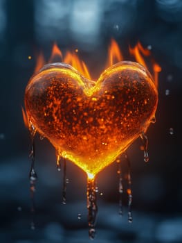 A heart-shaped object, molten and fiery, drips with water. Heat melts love.