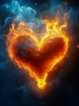 Fiery heart ablaze, with contrasting blue smoke. A visual representation of opposing forces.