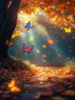 Butterflies flutter amidst autumn leaves. Sunlight streams through the trees, illuminating the forest floor. Nature's beauty.