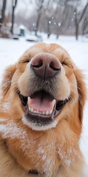 A happy golden retriever, covered in snow, enjoys a snowy day. Snowflakes fall around the dog.