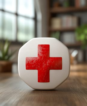 A white octagonal sign with a red cross, likely a medical symbol, sits on a wooden surface. The symbol represents healthcare and emergency services.
