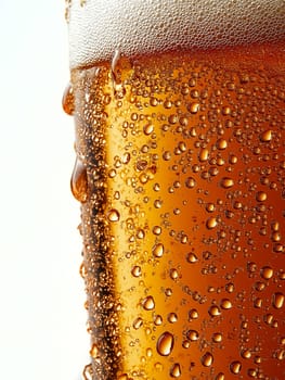 Close-up of a cold beer glass. Condensation coats the glass, showcasing numerous tiny bubbles. The image highlights the texture and refreshing nature of the drink.