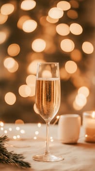 Champagne flute, festive lights, and candles. A celebratory drink, ready to toast.