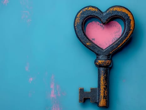 A heart-shaped key, painted pink, rests on a teal surface. It symbolizes love's unlocking power.