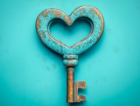 An antique, heart-shaped key rests on a teal surface. Its aged, teal and gold finish suggests a piece of history. No one is present, but the key symbolizes unlocking something special.