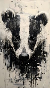 This illustration depicts a black and white painting of a badger, a terrestrial animal, looking directly at the camera with its whiskers and snout prominently featured