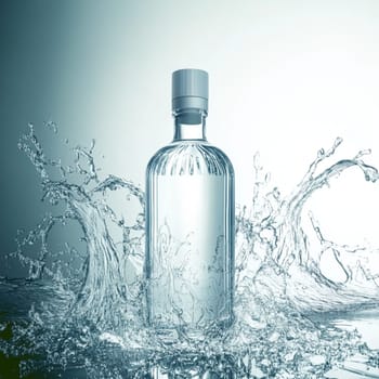 Transparent bottle filled with liquid is standing in the middle of a big splash of water, creating interesting shapes and reflections