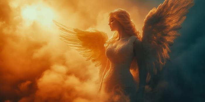 A serene angel, wings outstretched, bathed in golden light. A figure of grace and peace, perhaps a depiction of divine intervention.