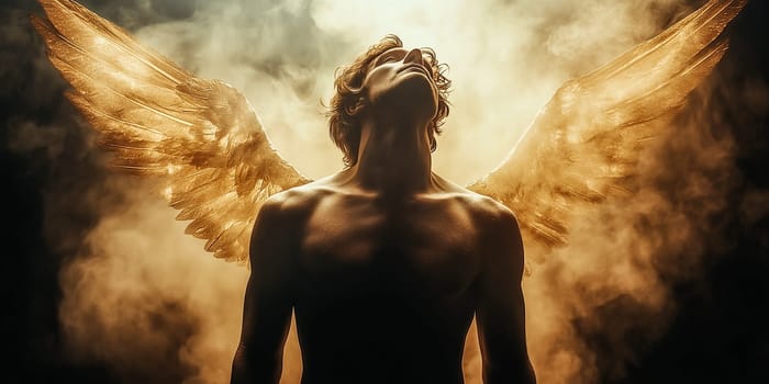 A man, angelic in appearance, with large golden wings, gazes upward. His posture suggests a spiritual connection.