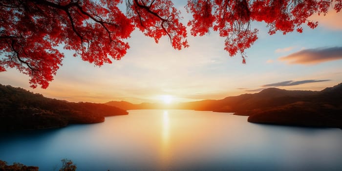 Stunning sunset over a tranquil lake. Vibrant red leaves frame the golden light, casting a peaceful glow on the water and surrounding hills. Nature's beauty at its finest.