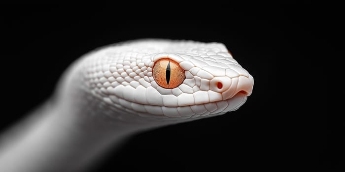 Close-up of a white snake's head. Its orange eyes are prominent against the white scales. The snake's focus is on something unseen.
