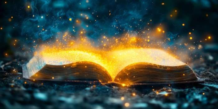 An open book glows with golden magic. Particles of light surround it, suggesting a mystical power. The book's pages are illuminated, hinting at secrets within.