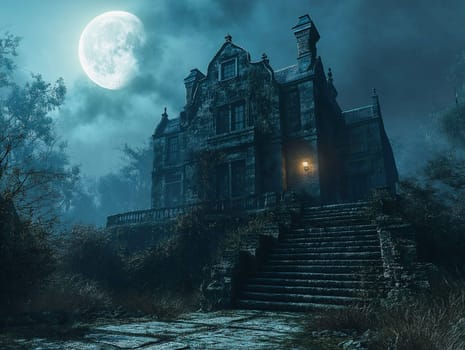 A large, old stone house stands alone in a misty, moonlit forest. Moonlight illuminates the eerie, overgrown grounds. No one is visible.