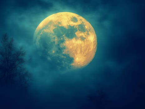 A large, golden-hued moon hangs in a dark, misty sky. Bare trees stand silhouetted against the ethereal backdrop. Nature's stillness under the watchful eye of the moon.