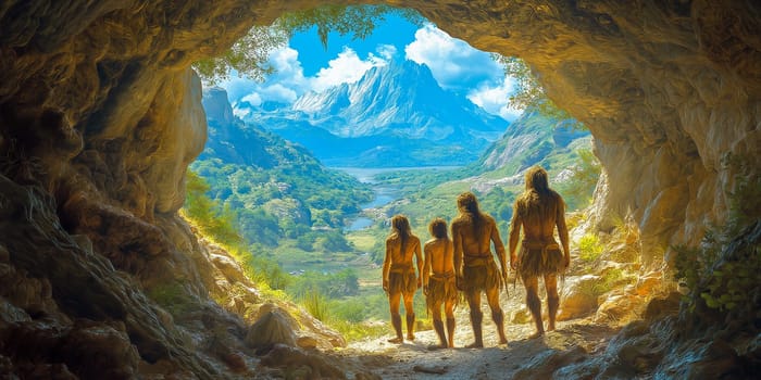 Cave dwellers observe a valley. A group of early humans, possibly a family, stand in a cave entrance, gazing at a lush valley and distant mountains. Their observation suggests curiosity and perhaps a search for resources.