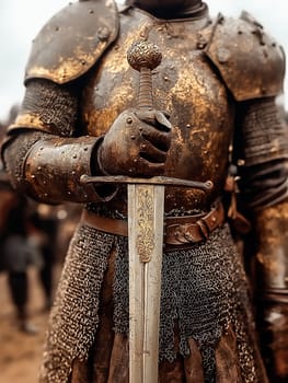 A knight, clad in ornate golden armor, holds a decorative sword. The armor and sword suggest a medieval setting, perhaps a battle or tournament.