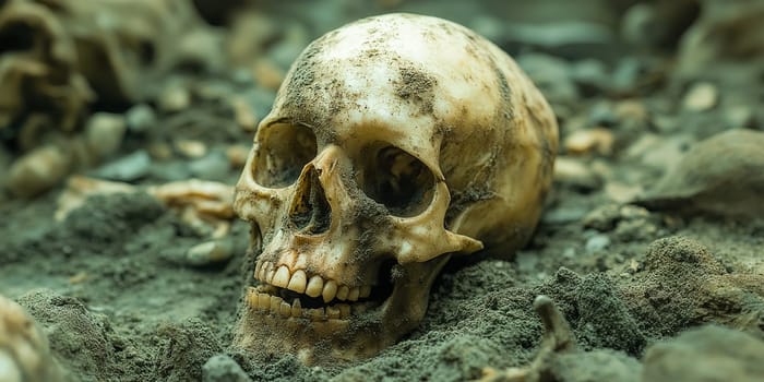 A skull, covered in dirt, lies amidst other bones in the ground. Decomposition and time are evident.