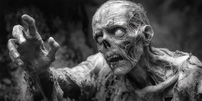 A grotesque zombie, its skin decayed and tattered, reaches out with a clawing hand. The image evokes a sense of horror and impending doom.