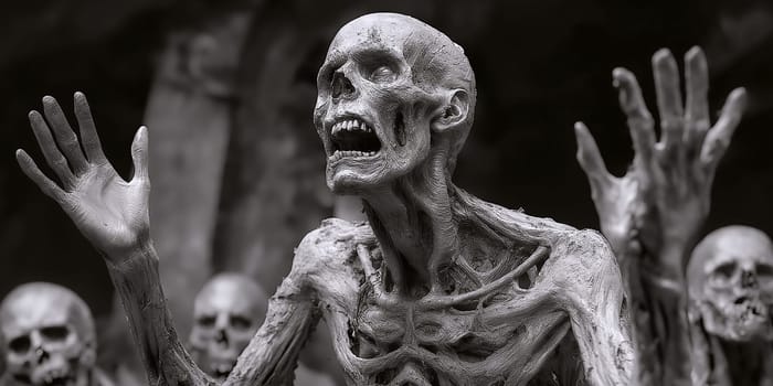 A decaying, skeletal figure, possibly a zombie, reaches out. Its horrifying appearance suggests a post-apocalyptic or undead scenario. The image's focus is on the figure's desperate, decaying state.