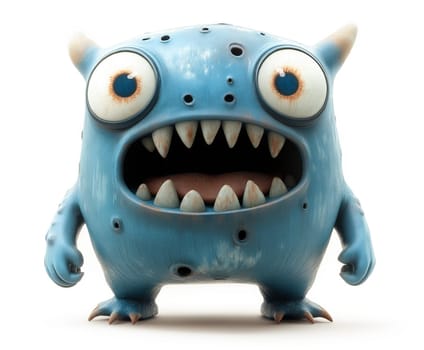 A grumpy, blue cartoon monster, with large eyes and a wide open mouth, stands on a white background. Its distressed appearance suggests a character in a story.