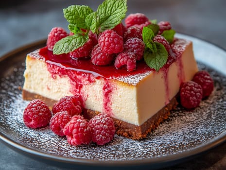 Delicious cheesecake, topped with raspberries and mint. A sweet treat, ready to be enjoyed.