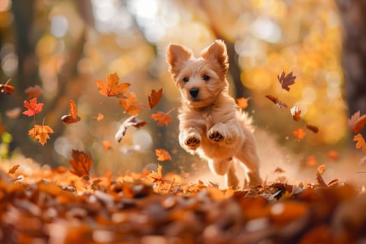 Adorable puppy leaps amidst autumn leaves. A small dog, likely a Yorkshire Terrier mix, plays in a forest floor covered in colorful leaves. The wind carries the leaves as the dog joyfully bounds through them.
