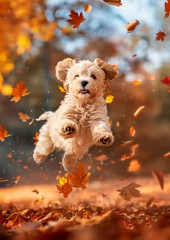 Adorable puppy, a fluffy, light-brown dog, leaps amidst autumn leaves. Wind carries the colorful foliage, showcasing the joy of fall.