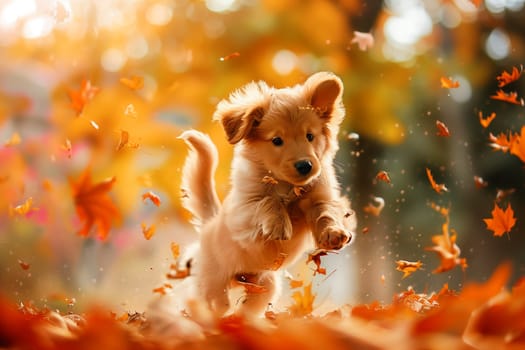 A golden retriever puppy leaps amidst falling autumn leaves. The wind carries the leaves as the pup plays.
