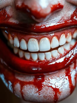 Close-up of a person's mouth, teeth, and lips. Red liquid, resembling blood, covers the mouth. Likely a Halloween or horror-themed image.