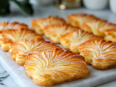 Golden-brown pastries, decorated with powdered sugar, are arranged on a marble surface. The intricate, flaky layers showcase the artistry of the baker.
