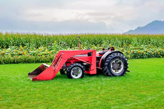 Red tractor with front loading bucket under the rain on green lawn of a farm