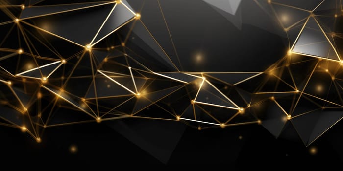 3D network connections with plexus design black and gold color background wallpaper. Generative AI image weber.