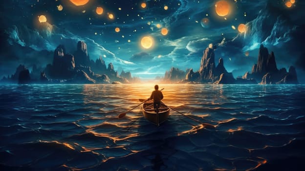 Night scenery of a man rowing a boat among many glowing moons floating on the sea, fantasy journey, surreal concept scenery artwork, dreamlike ocean. Generative AI image weber.