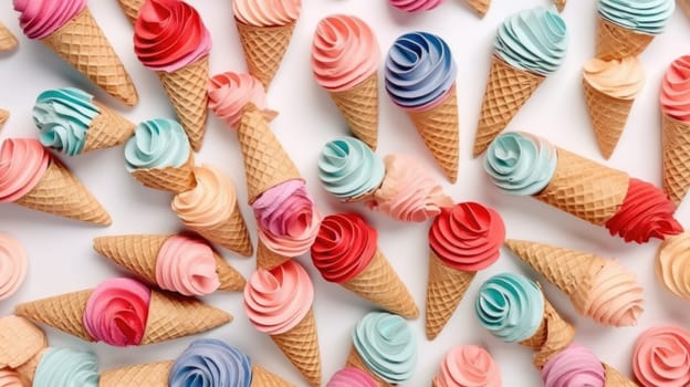 Top view photo of many ice cream, colorful, wafer cones, maximalism, isolated pastel white background with copyspace. Generative AI image weber.