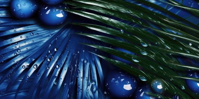 Dark Blue palm leaves dramatic photo effect background, realism, realistic, hyper realistic. Generative AI image weber.