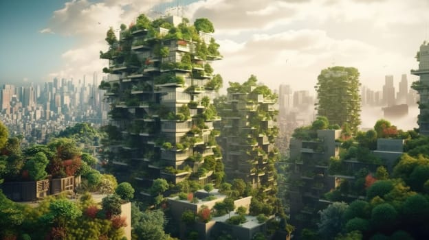 Environmental awareness city with vertical forest concept of metropolis covered with green plants. Civil architecture and natural biological life combination.Generative AI image weber.