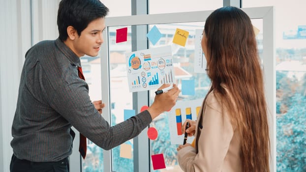 Business people work on project planning board in office and having conversation with coworker friend to analyze project development . They use sticky notes posted on glass to make it organized. Jivy