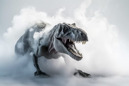 Scary big dinosaur in fog or mist. Big gray dinosaur in smoke or steam on light gray background.