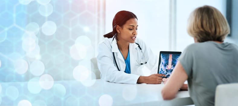 Doctor, patient and pointing on tablet for diagnosis on banner for mock up, bokeh and overlay for healthcare. Space, medicine or technology for results on x-ray for treatment, clinic or hospital.