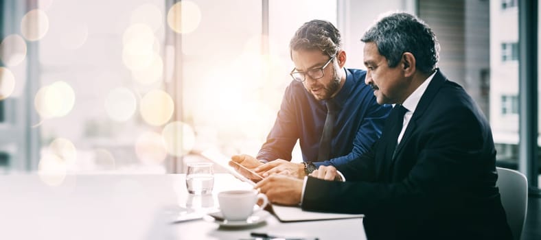 Collaboration, tablet and business people on double exposure space for planning or strategy together. Teamwork, technology for research with a manager and employee in the office boardroom on mockup.