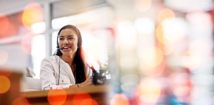 Call centre, woman and headset with smile or customer service, bokeh and overlay in mockup. Happy agent, contact us and communication or faq, support and telemarketing or crm, consulting at help desk.