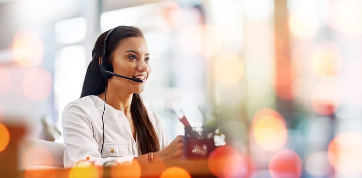 Call centre, woman and headset with smile or customer support, bokeh and overlay in mockup. Happy agent, contact us and communication or faq, support and telemarketing or crm, consulting at help desk.