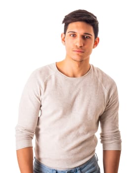 A man in a white shirt is posing for a picture, isolated on white background in studio shot