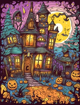 Illustrations of a Spooky House for Halloween. Fairytale and fantasy design.  AI Generated.
