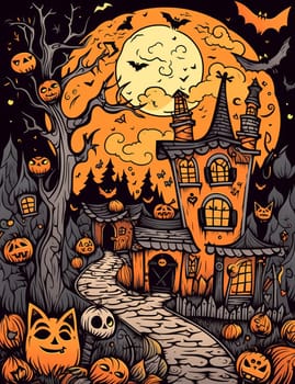 Illustrations of a Spooky House for Halloween. Fairytale and fantasy design.  AI Generated.