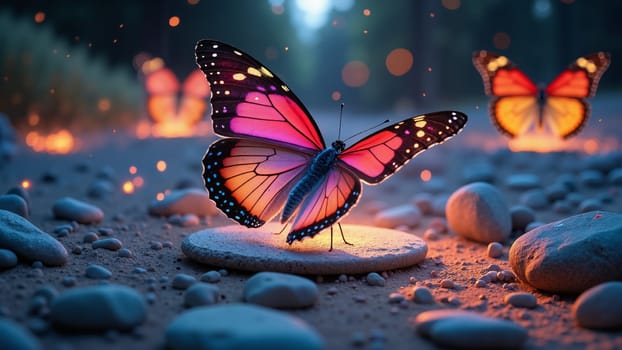 A butterfly is sitting on a rock in front of a forest. The butterfly is pink and orange, and it is surrounded by rocks. The image has a peaceful and serene mood